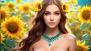 Beautiful Elf Girls in Garden of Bright Sunflowers