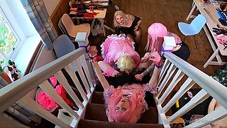 Crossdresser sucks cock in BDSM group therapy session