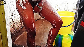 Outdoor Bathing My Pregnant Girlfriend in Dirty Environment