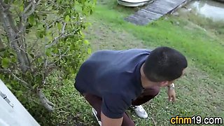 Dressed teen facial cumshot point of view