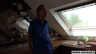 German Teen Brunette Fucks Old Man Boris Schwarz in Kitchen - Blowjob & Cum in Mouth Swallow