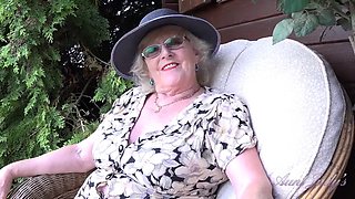 AuntJudys - 66 year old hairy mature GILF Ms. Claire sucks your cock in the garden POV