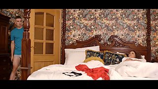 Kristina Grace & Axel Angelise seduce and suck on lucky guy's hard cock in a private bedroom