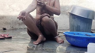 Village stepsister Sukunmi strips down and bathes in the courtyard while her stepbrother admires her sexy body