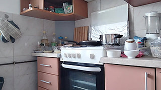 Sexy Naked Wife Preparing Food in the Kitchen. Hairy Brunette, Big Ass, Big Tits.
