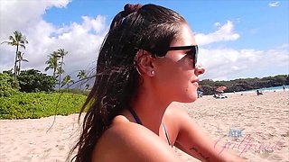 Petite brunette Zoe Bloom in glasses, enjoying the beach in a bikini