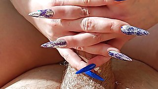 Fetish for long sharp nails on a big dick. Hand fetish, dick head scratching