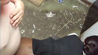 Black petite school girl plays pussy on chair , then grinds her ass on the teacher's cock