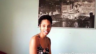 Skinny ebony girl with small tits gets fingered and fucked