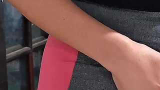 Masturbating Her Camel Toe on the Table with the Neighbor's Help