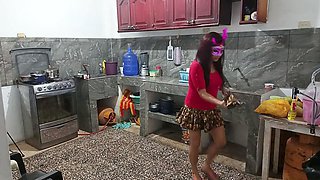 Eccentric neighbor Goky puts on an explicit show in the kitchen