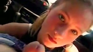Charming blonde angel sucking my dick deepthroat in a car
