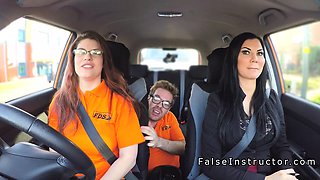 Busty babes threesome in driving school car