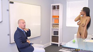 Brittney White gets on the phone with her employee's wife while seducing him