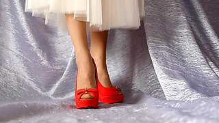 ASMR Female legs in red high-heeled shoes