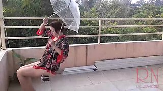 Regina Noir Nude Maid Swinging No Panties in Rain Garden Voyeur