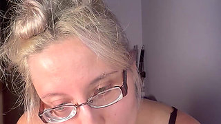 Cuckold Private Cam Worship - Goddess in Thick Eyeglasses, Wet Lips and Tongue Deep-throating Dildo While Teasing Tits for Cuck