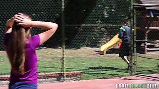 Cute athletic babe lets her coach fuck her tight pussy