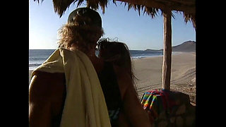 Threesome - Two Young Big Tits Friends on Vacation Share a Surfer's Big Cock on the Beach