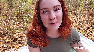 Cute American Girl Autumn Plays With A Glass Dildo Outdoors