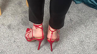 Mrs Mature Feet Wearing Extremely Tight Leather Trousers and Heels