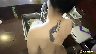 Johntronx - Naked Thai Maid Gets Fucked in the Kitchen Wearing Rubber Gloves