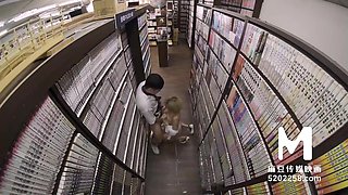 Bookstore Clerk Caught Sexy Slim Busty Asian Hottie Masturbating Behind the Bookshelves & Fucked Her