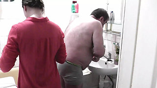 Pervert husband wife watches as beautiful cute sweet girl takes shower. Old man masturbates cock. nudity. Naked in publc