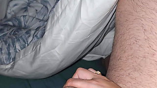 Step mom make step son dick hard by handjob him in bed