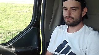 Jerking off in Shorts in a Parked Truck and Smoking a Cigarette