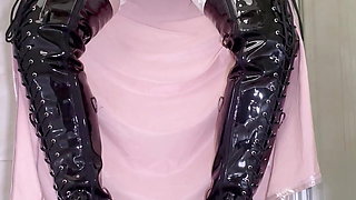 Blond crossdresser hellpunk_meow Masturbating in pink dress and high boots 2022-1