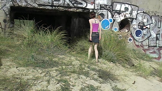 Cute 18 Years Brunette Shows Hairy Pussy at Beach