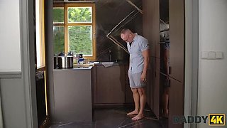 Skinny Teen Brunette Deep Throats Boyfriend's Daddy - Hot Cheating Sex in HD