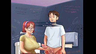 Busty babe in summertime saga gives her first handjob