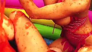 Three sexy girlfriends humping in the bathtub