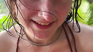 Horny teen in bikini gives oily titjob and suck my dick on public beach