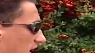 Beautiful blonde babe double penetrated ass fucking in the garden cum in mouth