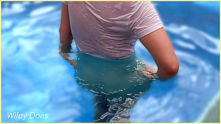 Wifey wet shirt in the pool with perfect braless tits
