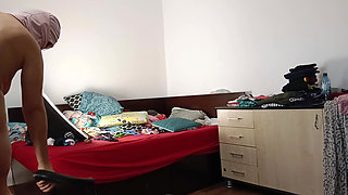 Amateur wife vacuuming in the bedroom. Amateur wife gives me a handjob until I cum.