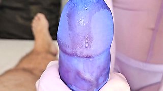 SpandexQueen comes twice in her purple nylon suit and jerks him off in his cock sheath