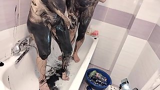 Amateur Couple Takes a Bath, Wife with Hairy Pussy, Big Ass, Big Tits.