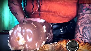 Food fetish obsessed mistress teases with huge strapon toy