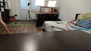 Sexy Wife Workout at Home Naked. Sexy Brunette Tries on Pantyhose