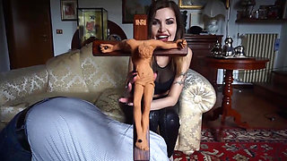 Femdom chick punishing her masked slave