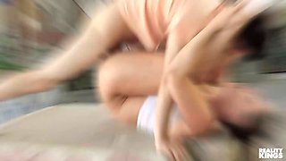 Little Angel sneaks off to suck and ride her boyfriend's big cock at the graduation party