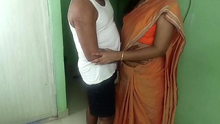 Married Glamour Women Orange Saree Standing Position Romance