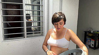 My sexy stepsister sees me masturbating in my room and she gets very until she ends up entering so that she stops masturbating me.