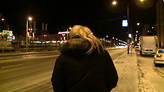 Sexy horny blonde sucks his cock outdoor in POV