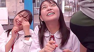 Three beautiful girls in uniform get excited when they see a man's penis and cum all over his hands.