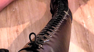 Sissy on Her Knees - Licking Mistress’s High Boots Like a Slut